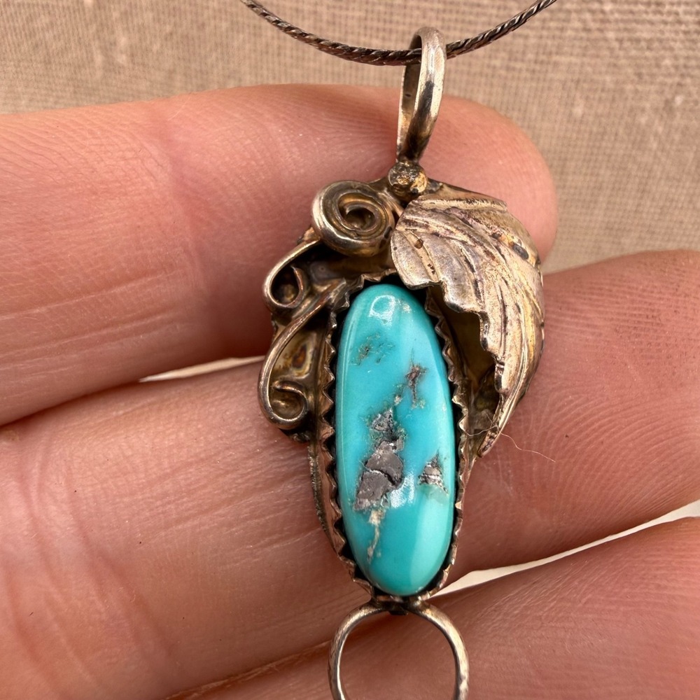Sterling Silver Necklace Turquoise Feathers Signed FA 19"
